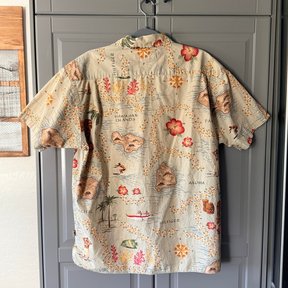 Tommy Hilfiger Vintage 90s Hula Hawaiian Map Print Button Down Shirt, Tan, L - Picture 6 of 11